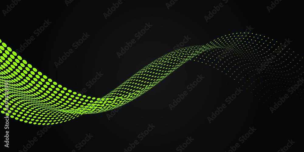 Wall mural Black background Green dots waves