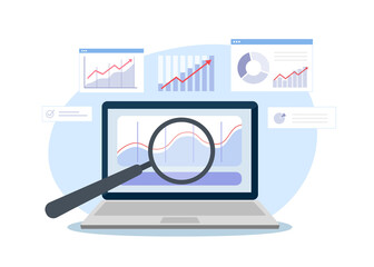 Data analysis and statistics concept. Laptop with analyzing tables, charts and graphs at business dashboard. Vector illustration.