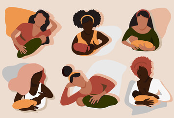 Breastfeeding illustration in mid century style.Young women different ethnicities with child. Lactation in various positions concept.Mom holds her baby. Love and maternity.Newborn eats milk.Modern art - obrazy, fototapety, plakaty
