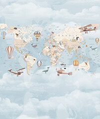Kinderkaart van de wereld in het Engels. Gedetailleerde wereldkaart met de namen van landen en hoofdsteden, met dieren, vliegtuigen en ballonnen. Educatief fotobehang voor kinderen met de wereldkaart erop