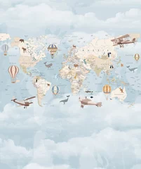 Photo sur Plexiglas Carte du monde Carte du monde pour enfants en anglais. Carte du monde détaillée avec les noms des pays et des capitales, avec des animaux, des avions et des ballons. Papier peint photo éducatif pour enfants avec la carte du monde sur