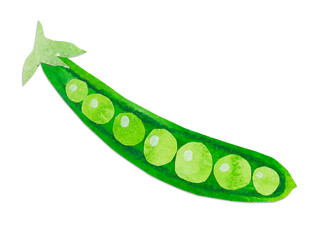 Hand-drawn watercolor papercut green peas. Bright cute kawaii kidcore style illustration, good for farmers market, supermarket products design, stickers or postcards.