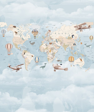 Children's map of the world in English. Detailed world map with the names of countries and capitals, with animals, airplanes and balloons. Children's educational photo wallpaper with the world map on © Nika2075