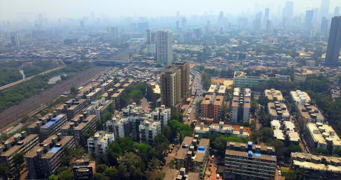 Mahim bandra kurla warli  bkc road flyover sealink western express highway india mumbai drone birds eye view cityscape mithi river cityscape railway rute