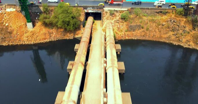 bandra kurla warli  bkc road flyover sealink western express highway india mumbai drone birds eye view cityscape mithi river mithi river dirty water dranage pipe west water