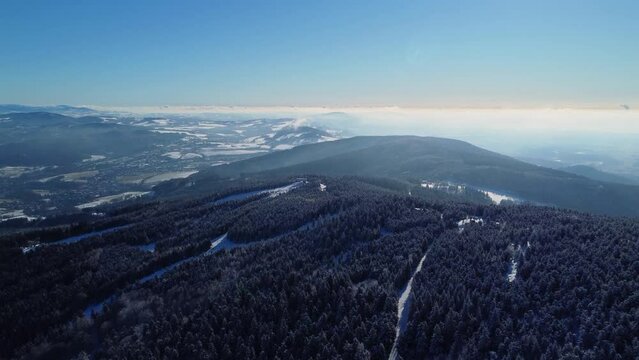 Aerial drone view of winter landscape in Jizera mountains, Liberec region, Czech Republic