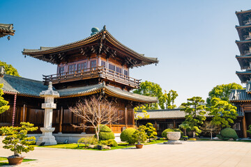 Detail view of the traditional Chinese architecture in Baoshan temple, an antique Buddhism temple in Shanghai, China.