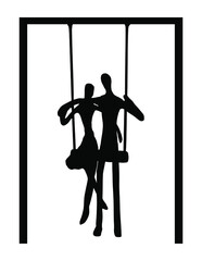 Happy couple in love swinging on swing vector silhouette illustration isolated on white background. Boyfriend hugs girlfriend outdoor closeness. Kiss on honeymoon travel vocation. Strong feelings.