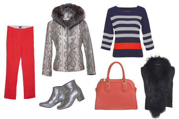Collage woman clothing. Set of a stylish and trendy grey leather jacket with a fur collar, a...