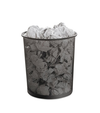 Trash bin full of paper on white background. Recycling rubbish
