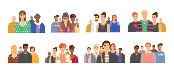 Multiethnic group of people standing together community and togetherness concept, diversity portrait. Characters men and women isolated on white. Crowd community. Social diversity friends or relatives