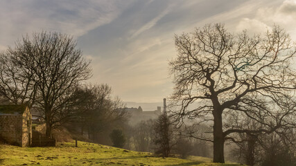 Fototapeta na wymiar Through the trees and morning winter mist near Bingley Five-Rise Locks it is possible to glimpse a Victorian mill and chimney in the distance