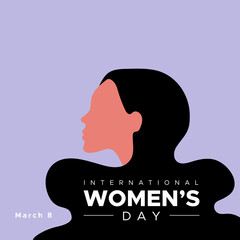 International Women's Day. March 8. Woman portrait with long hair. Violet color. Concept of human rights, equality. Vector illustration, flat design