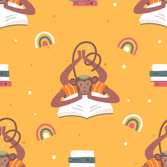 Monkey with books, seamless pattern. Book store or library with literature for kids.Cartoon vector background. 
