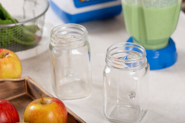 Preparation of detox smoothie from spinach and various fruits, healthy food