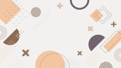 Abstract colorful orange Memphis flat geometric shapes background. Abstract composition with lines square dot triangle circle and wavy flat style. Design for poster, presentation, card, cover, banner.