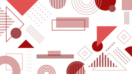 Abstract colorful red Memphis flat geometric shapes background. Abstract composition with lines square dot triangle circle and wavy flat style. Design for poster, presentation, card, cover, banner.
