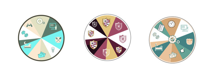 Daily schedule metaphor, daily affairs person, discipline indicators time for rest, work, sleep, food. Scheduling activities for day, time management, distribution of tasks, circle sectors occupation