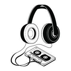 Abstract Hand Drawn Classic Tape Old Cassette With Headphones Doodle Concept Vector Design Outline Style On White Background Isolated Outline Music, Sound, Audio, Relax