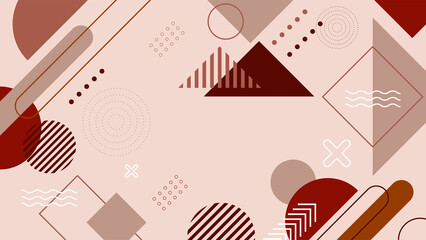 Abstract colorful brown Memphis flat geometric shapes background. Abstract composition with lines square dot triangle circle and wavy flat style. Design for poster, presentation, card, cover, banner.