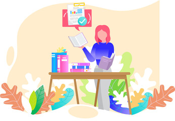 Young woman reading book standing near stack of books in living room, studying at home. Housewife resting with book, female character is fond of literature, enjoys reading, gets education