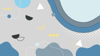 Abstract colorful blue Memphis flat geometric shapes background. Abstract composition with lines square dot triangle circle and wavy flat style. Design for poster, presentation, card, cover, banner.