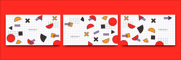 Abstract colorful Memphis flat geometric shapes background. Abstract composition with lines square dot triangle circle and wavy flat style. Design for poster, presentation, card, cover, banner.