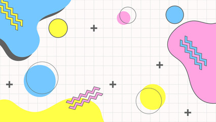 Abstract colorful Memphis flat geometric shapes background. Abstract composition with lines square dot triangle circle and wavy flat style. Design for poster, presentation, card, cover, banner.