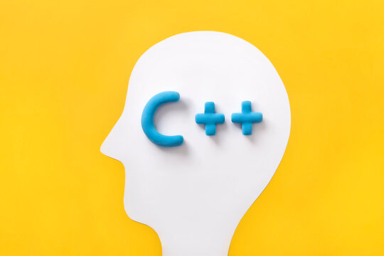 C++ programming language sign inside a humans head. Concept of programming learning, language coding software technology.