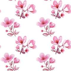 Fototapeta na wymiar Cherry blossom simple flowers seamless pattern. Pink Sakura watercolor print. Spring botanical illustration isolated on white
