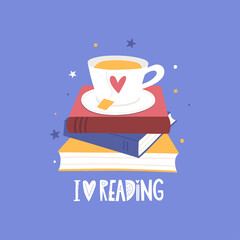A stack of books to read and cup of tea.  Vector cartoon illustration.