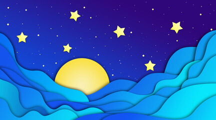 noc, księżyc, gwiazdy i fale na morzu © meegi