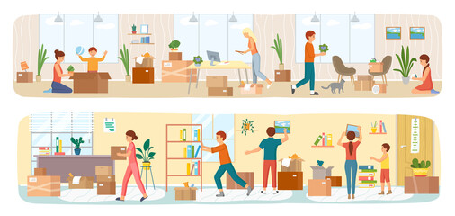 Set of illustrations about people moving to new house, carrying things to apartment, changing place of residence, relocation. Unpacking things after shipping, decorating home. Rental of premises