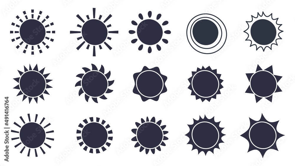 Wall mural black sun silhouette logo icon, suns with sunrays symbols. summer sunshine doodle silhouettes, abstr