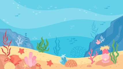 Naklejka na ściany i meble Underwater world scene, ocean floor marine life background. Undersea with corals and seaweed, sea bottom, seabed vector illustration