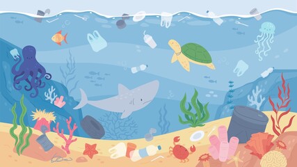 Fototapeta na wymiar Garbage in sea, plastic pollution, underwater ocean with trash. Marine animals animals swimming in polluted water, undersea with floating rubbish vector illustration