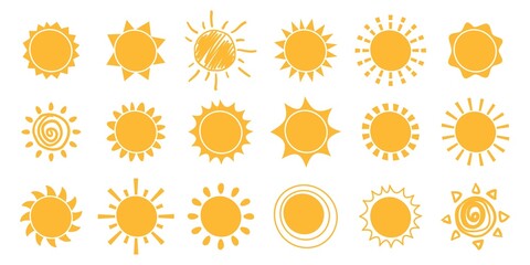 Yellow sun icon logo, summer sunrays doodles. Cute childish sunshine scribbles, sunrise and sunset symbols vector set - obrazy, fototapety, plakaty