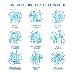Bone and joint health turquoise concept icons set. Healthy lifestyle choices idea thin line color illustrations. Isolated symbols. Editable stroke. Roboto-Medium, Myriad Pro-Bold fonts used
