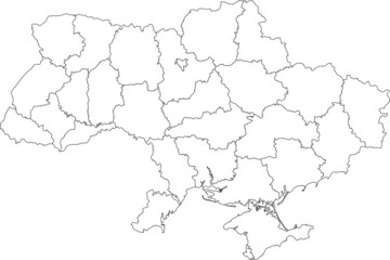 White flat blank vector administrative map of raion areas of UKRAINE with black border lines of its raions