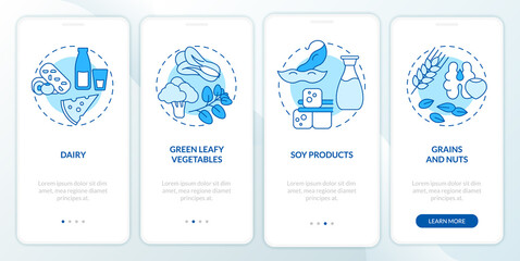 Fototapeta na wymiar Best nutrition for bones health blue onboarding mobile app screen. Walkthrough 4 steps graphic instructions pages with linear concepts. UI, UX, GUI template. Myriad Pro-Bold, Regular fonts used
