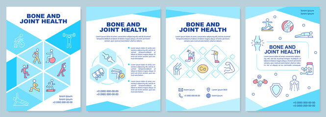 Bone and joint health blue brochure template. Increasing mobility. Leaflet design with linear icons. 4 vector layouts for presentation, annual reports. Arial-Black, Myriad Pro-Regular fonts used