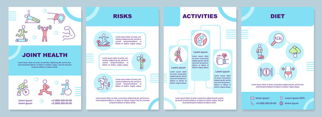 Joint health turquoise brochure template. Risks and activities. Leaflet design with linear icons. 4 vector layouts for presentation, annual reports. Arial-Black, Myriad Pro-Regular fonts used