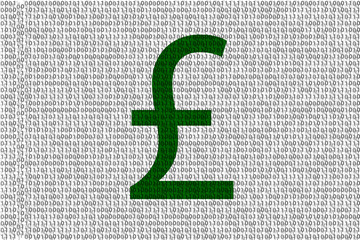 Brittish pound currency symbol in binary code consisting of 0 and 1. Represents digital cyber  bank security and hacker attacks