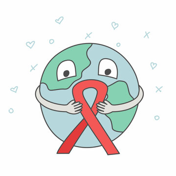 AIDS Day. Vector illustration of planet earth with red ribbon. World AIDS protection vector hand drawn illustration.