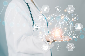 Doctor using hand hold a virtual screen, modern medical technology concept, DNA structure, connecting health information on tablet.