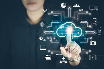 Businesswoman touching virtual monitor, cloud computer storage concept, cloud computing, big data, internet of things, business processes, various storage systems