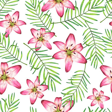 Pink Lilies and Palm Leaves on White Background Watercolor Tropical Floral Seamless Pattern