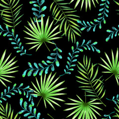 Green Palm Leaves on Black Background Tropical Watercolor Seamless Pattern
