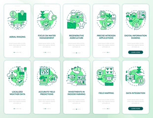 Farming trends green onboarding mobile app screen set. Agriculture walkthrough 5 steps graphic instructions pages with linear concepts. UI, UX, GUI template. Myriad Pro-Bold, Regular fonts used