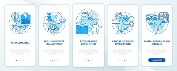 Fototapeta na wymiar Trends in agriculture blue onboarding mobile app screen. Innovations walkthrough 5 steps graphic instructions pages with linear concepts. UI, UX, GUI template. Myriad Pro-Bold, Regular fonts used